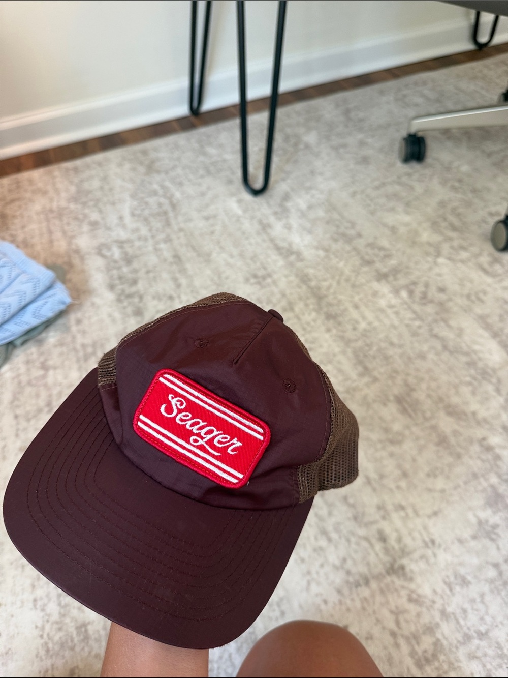 Seager Women's Maroon Trucker Hat with Red Patch